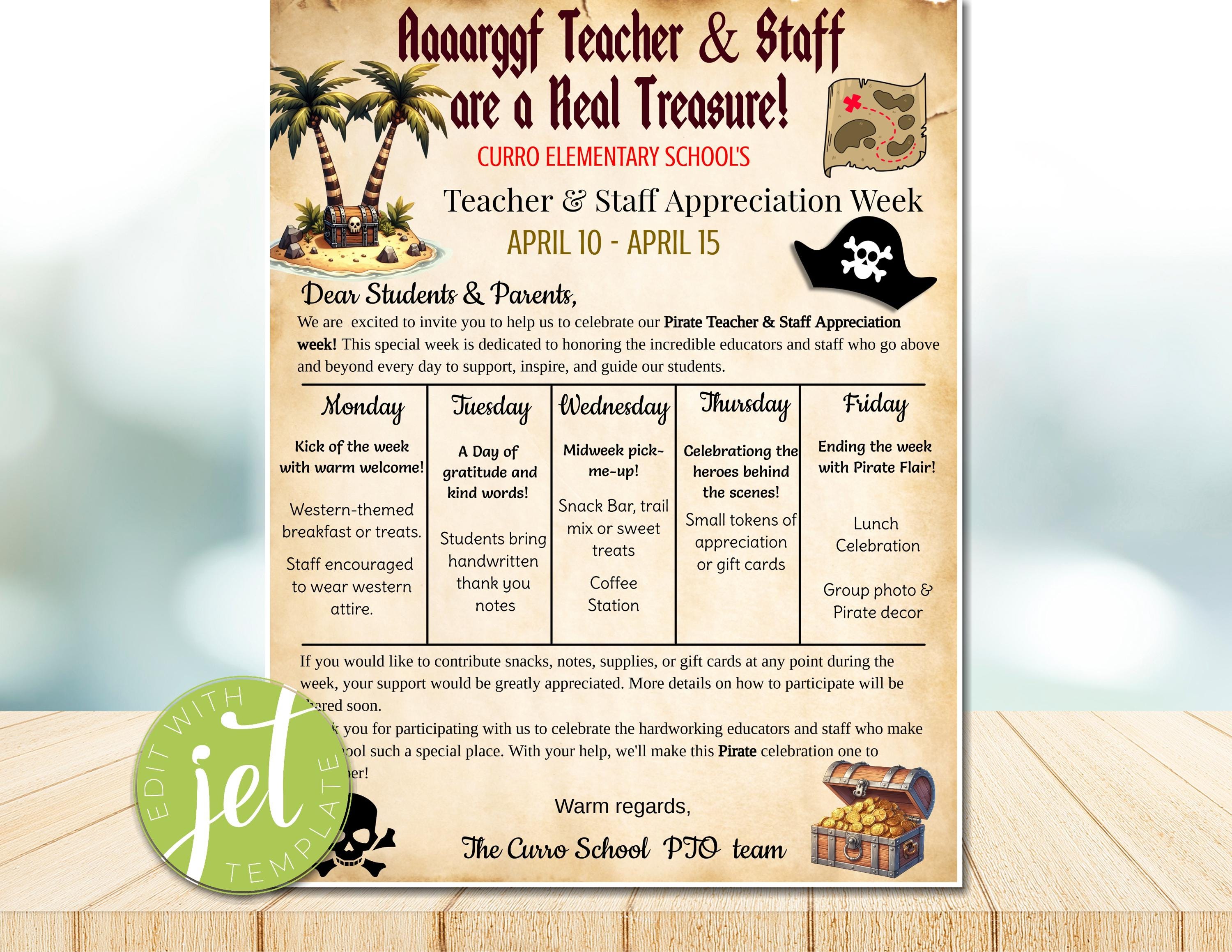 Editable Pirate Theme Teacher Appreciation Week Itinerary, School Staff ...