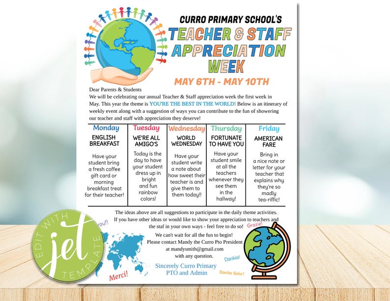 Editable World Theme Teacher & Staff Appreciation Week Printable Invite ...