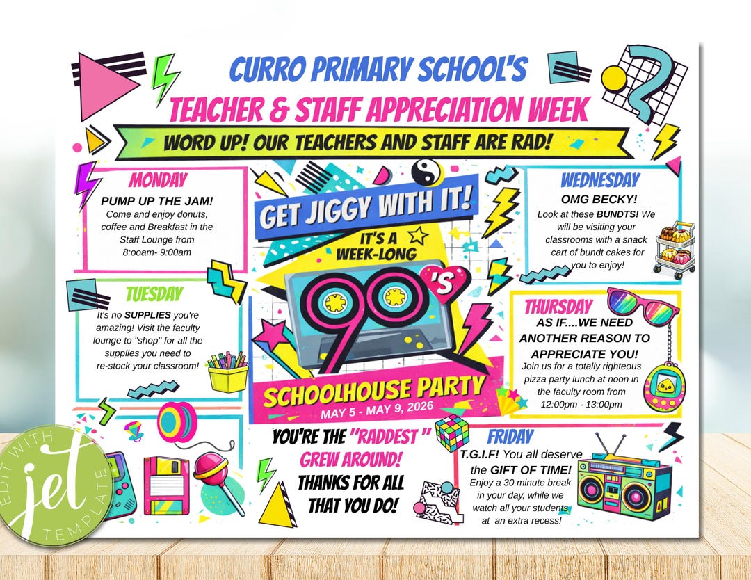 90s Teacher Appreciation Week Itinerary, Retro School Staff Schedule ...