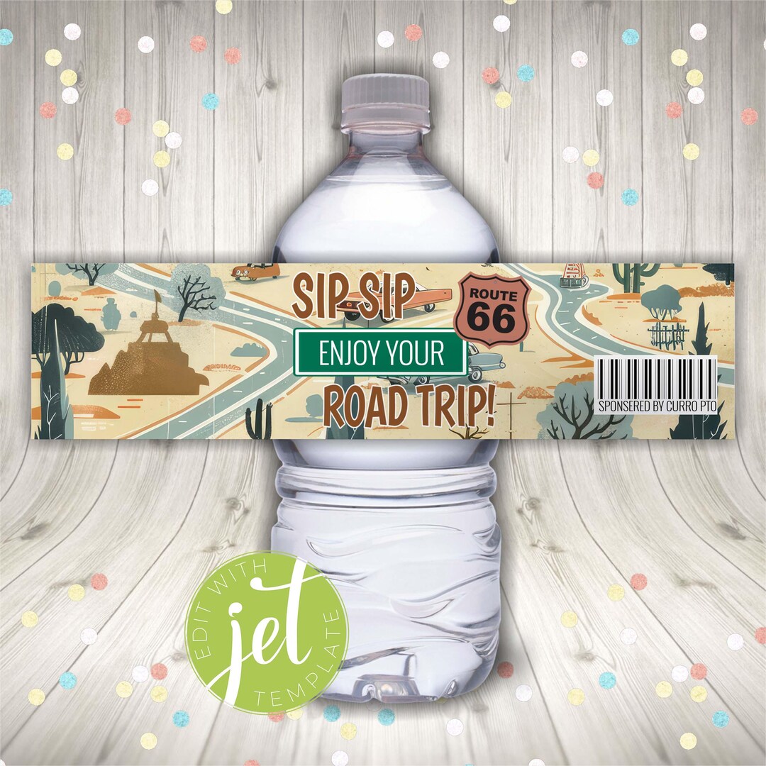 Editable Road Trip Theme Party Printable Water Bottle Labels ...