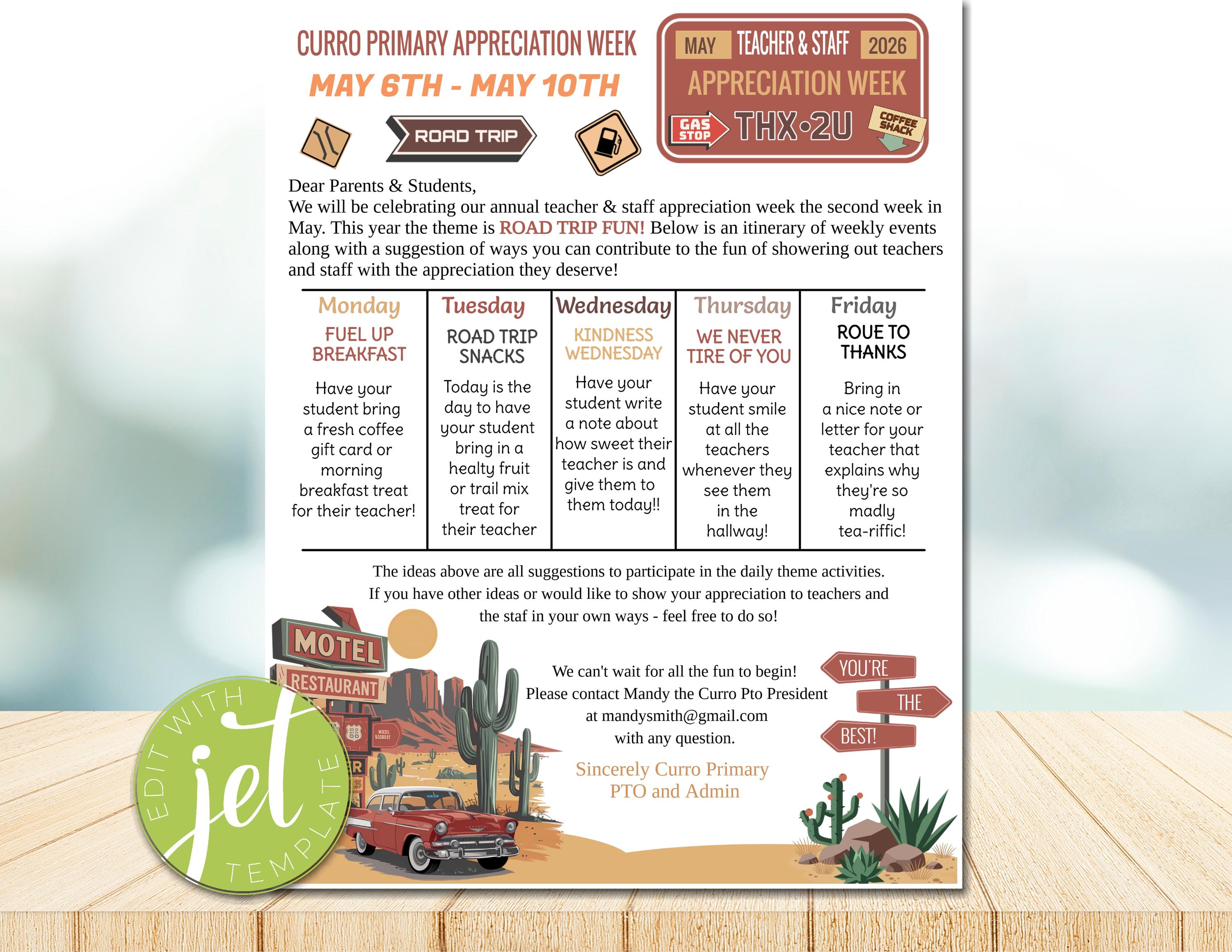 EDITABLE Road Trip Themed Teacher Appreciation Week Itinerary ...