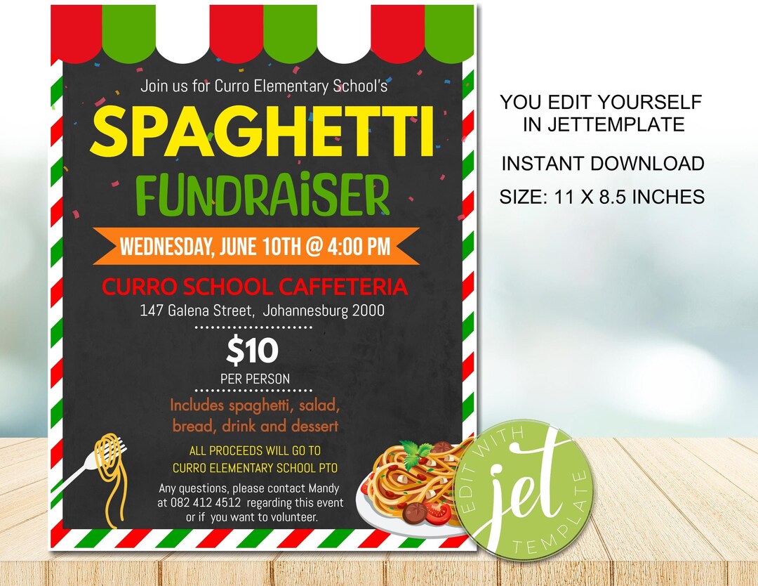 Spaghetti String Event EDITABLE Spaghetti Fundraiser Flyer, Printable PTA, PTO, School Church ...