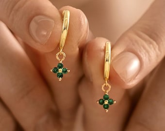 Dainty Flower Birthstone Huggies Earrings, Birthstone Dangle Hoop Earrings for Women, Everyday Hoops Earrings for Mom,Christmas Gift for Her