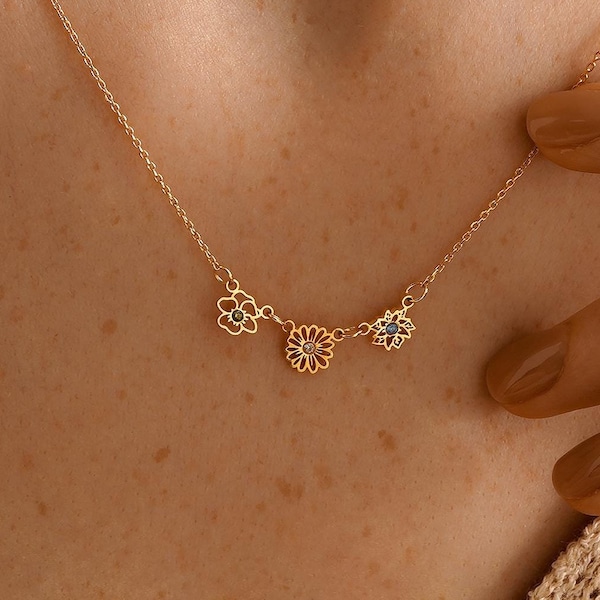 Birthflower Necklace with Birthstone, Custom Birth Month Necklace, Family Birth Flower Necklacce, Bridesmaids Gift for Her, Mothers Day Gift