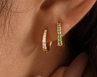 9mm Dainty Birthstone Huggies Earrings, Pave Birthstone Hoop Earrings, Mini Hoop Earrings, Everyday Stackable Hoops for Mom, Grandma Gifts