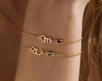 Two Letter Bracelet with Birthstone, Double Initial Bracelet, Custom Initial Bracelet for Women, Name  Gifts for Mom, Birthday Gifts for Her