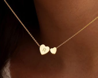 Double 3D Heart Initial Necklace, Custom Name Necklace, Gold Women Neckalce, Anniversary Gift, Birthday Gift for Mom, Christmas Gift for Her