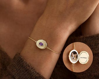 Custom Oval Birthstone Photo Locket Bracelet, Picture Pendant Bracelet, Memorial Gifts, Anniversary Gifts for Her, Christmas Gifts for Mom