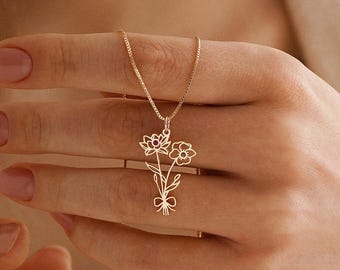 Personalized Birth Flower Bouquet Necklace with Birthstone, Mothers Garden Flower Necklace, Family Member Necklace, Mothers Day Gift for Her