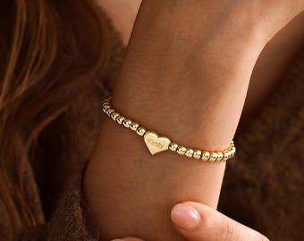 Personalized Name Bracelet, Gold Beaded Stretch Bracelet, Custom Engraved Heart Bracelet, Christmas Gifts for Mom, Birthday Gifts for Her