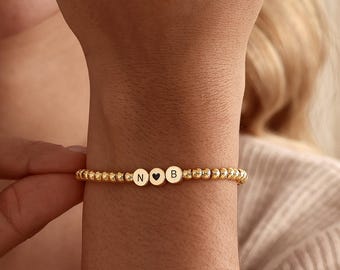 Personalized Beaded Bracelet, Custom Engraved initial Bracelet, Stretch Bead Bracelet for Women, Gold Bracelet, Birthday Gifts for Her/Mom