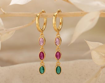 Multiple Birthstone Hoop Earrings, Minimalist Birthstone Huggie Earrings, Family Birthstone Dangle Hoop Earrings for Grandma, Christmas Gift