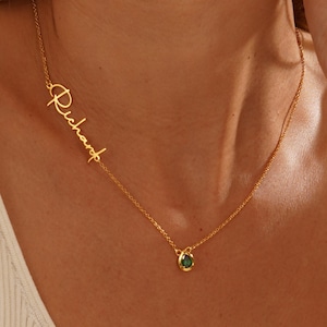 Collar de nombre y piedra de nacimiento, collar de nombre lateral con piedra de nacimiento, collar para mujeres, collar de madres, regalo de cumpleaños para ella