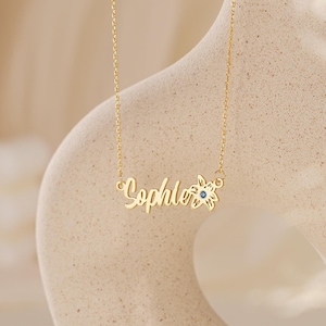 Colar com nome de flor de nascimento, colar com nome floral com pedra de nascimento, presente personalizado, presente de aniversário, colar de mãe, presente de Natal para ela