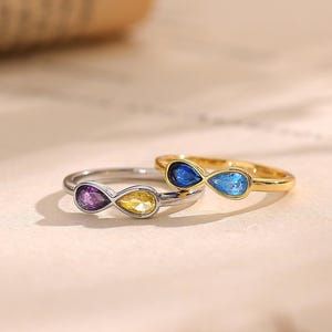 Anillo infinito personalizado con dos piedras de nacimiento, anillo minimalista con piedra de nacimiento, anillo llamativo, anillo madre-hija, regalo para damas de honor, regalo de Navidad