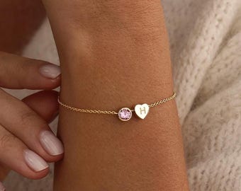 Heart Initial Birthstone Bracelet, Letter Bracelet With Birthstone, Engraved Bracelet for Women, Anniversary Gifts for Mom, Christmas Gifts