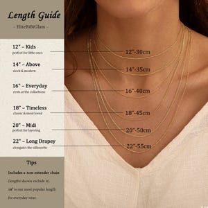 May include: A length guide for gold necklaces featuring six layered chains ranging from 12 inches to 22 inches. The text displays lengths in inches and centimeters, including a note about a 3cm extender chain and common length descriptions.