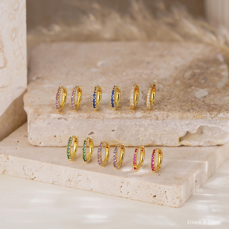 9mm Dainty Birthstone Huggies Earrings, Pave Birthstone Hoop Earrings ...