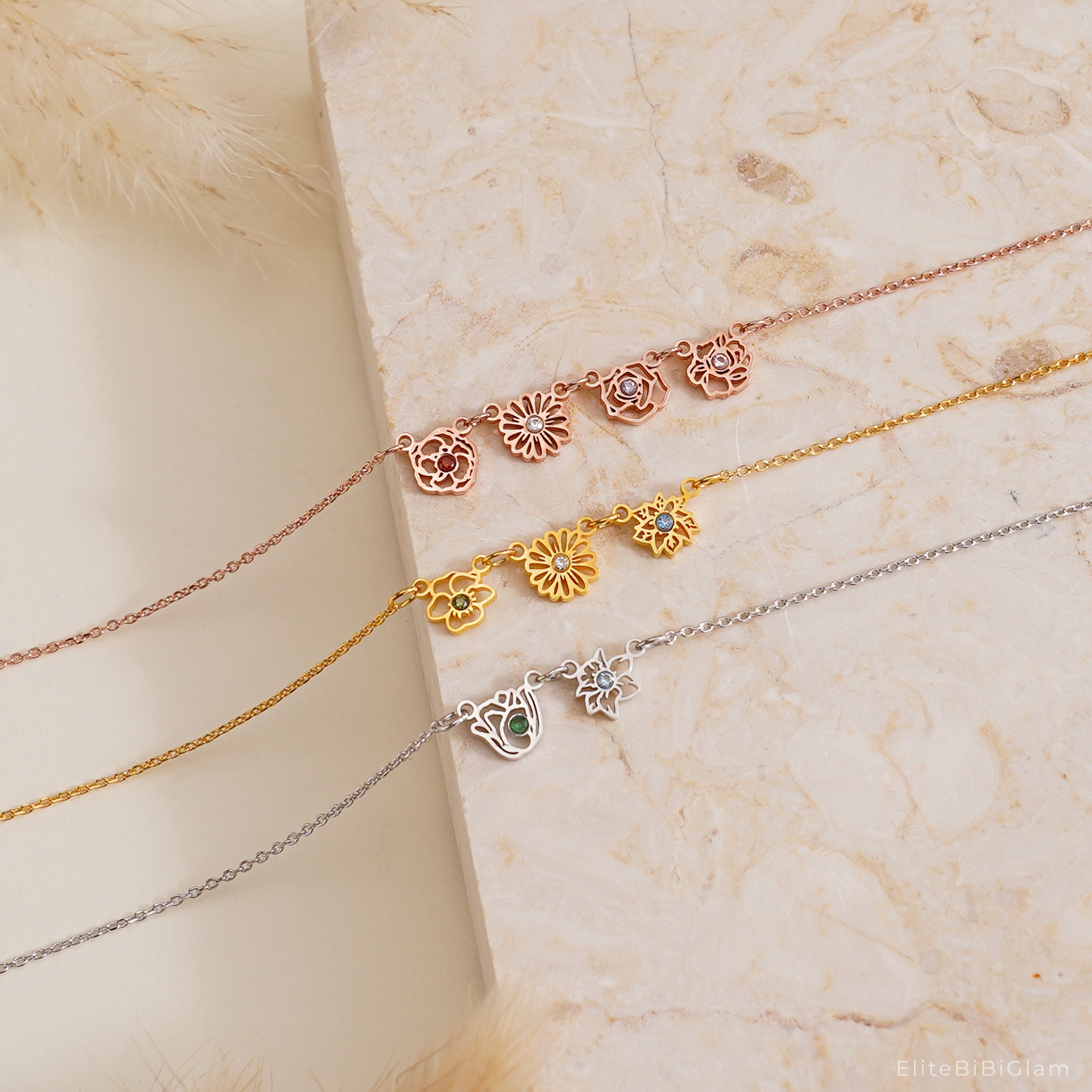 Custom Birthflower Necklace with Birthstone, Family Birth Flower Necklacce, Birth Month Necklace, Bridesmaids Gift for Her, Mothers Day Gift