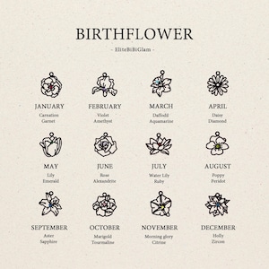 May include: A chart titled BIRTHFLOWER by EliteBiBiGlam displaying twelve black line-art flower charms, each representing a month from January to December. Each entry includes the month name, a flower name, and a corresponding gemstone name.