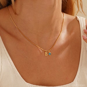 Delicado collar con inicial de piedra natal y cadena de caja, collar con letras personalizado, joyería con piedra natal, collar con inicial para ella, regalo de cumpleaños