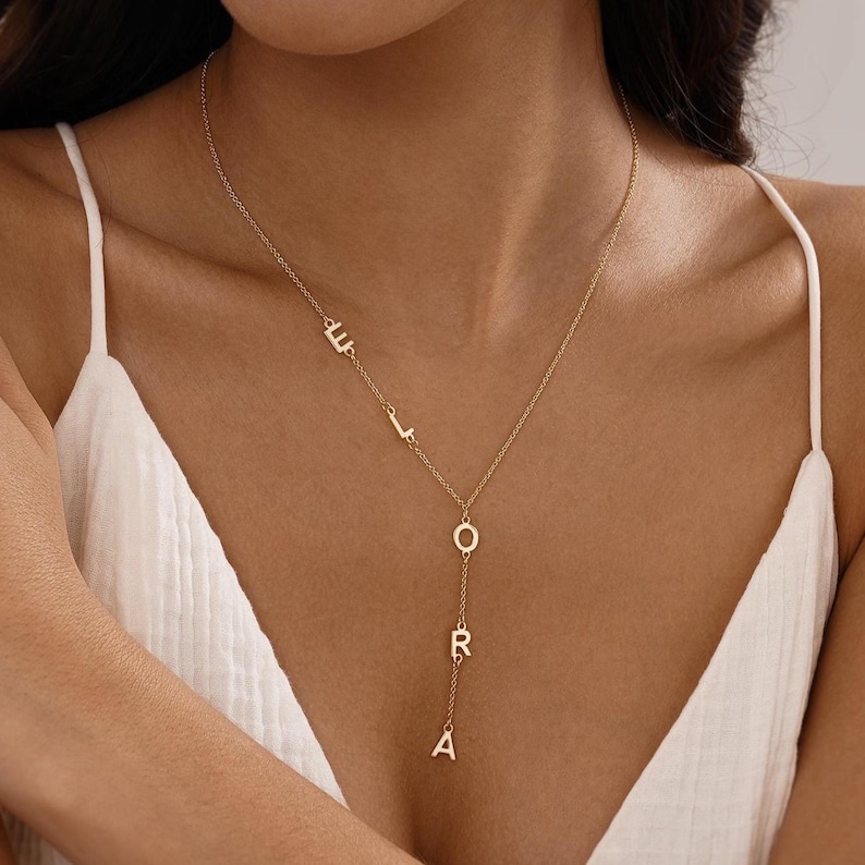 Custom Lariat Initial Necklace,  Gold Name Y Necklace, Dainty Drop Name Necklace, Womens Necklace, Bridesmaid Jewelry, Birthday Gift for Her