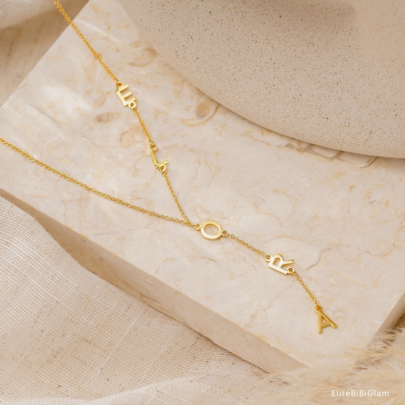 Custom Lariat Initial Necklace, Gold Name Y Necklace, Dainty Drop Name Necklace, Womens Necklace, Bridesmaid Jewelry, Birthday Gift for Her image 3