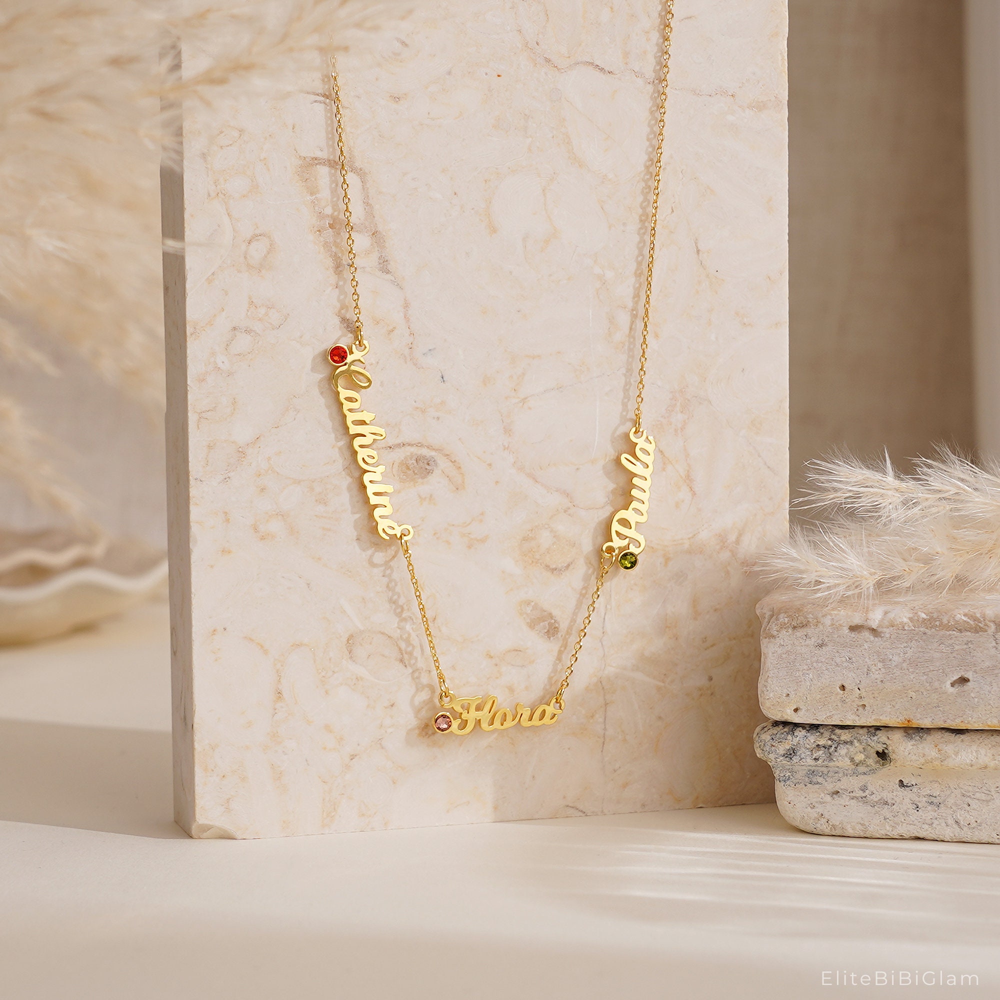 Several Names Multiple Name Necklace With Birthstone, Family Birthstone With Kids ...