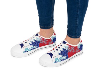 Waves on Red Low Top Sneakers | Blue Anime Waves | Comfortable | Vegan Leather | Comfortable | Designer | Women Woman | Stylish | Canvas |