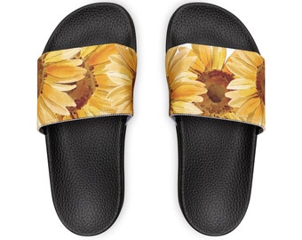 Slide Sandals | Sunflowers Water Colored | Flipflops | Womans | Women | Slip on | Comfortable | Nurse | Beach | Swimming | Flowers | Natural