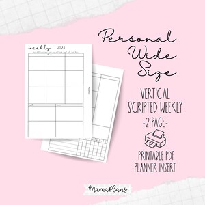 Pessoal Wide || Semana Vertical 2024 em 2 Páginas || Semanal com Script || Duas Páginas de Planejador, Imprimível, Download Digital, Divisória