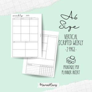 A6 || Semana Vertical 2025 em 2 Páginas || Semanal com Script || Duas Páginas de Planejador, Imprimível, Download Digital, Divisória