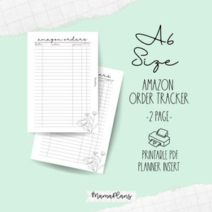 A6 || Rastreador de pedidos da Amazon || Duas páginas do planejador, imprimível, download digital, divisor