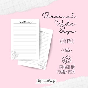 Personal Wide || Nota- Caneta e Floral || Duas Páginas de Planejador, Imprimível, Download Digital