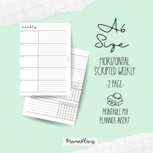 A6 || Semanal com script horizontal || Semana em 2 páginas || Duas páginas de planejador, para impressão, download digital, divisor