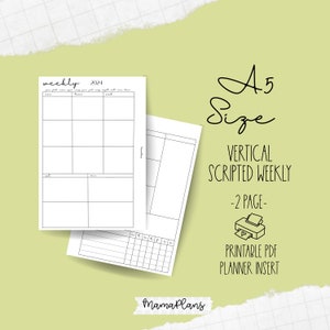 A5 || Semana Vertical 2024 em 2 Páginas || Semanal com Script || Duas Páginas de Planejador, Imprimível, Download Digital, Divisória