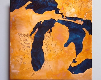 Copper Map Art of Michigan, Lake Michigan map art, Lake Huron copper artwork, copper wall art by Copper Leaf Studios