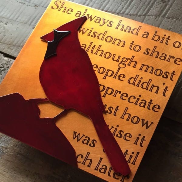 Wise Cardinal Copper Bird Art, 5x5 inches