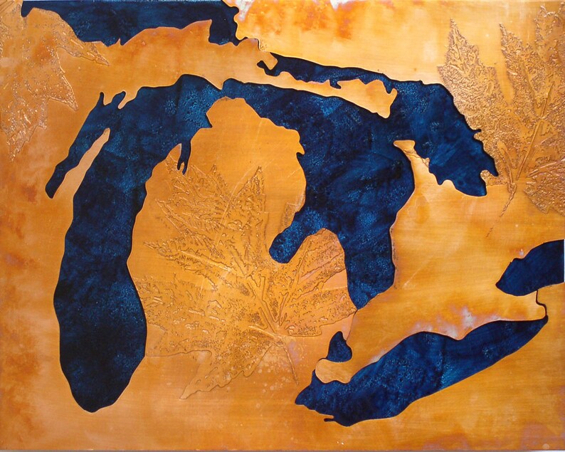 Copper map art of the Great Lakes / Michigan, blue & copper, 8x10 inches image 2