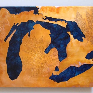 Copper map art of the Great Lakes / Michigan, blue & copper, 8x10 inches image 1