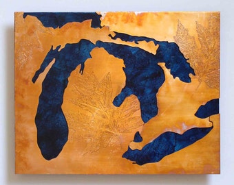 Copper map art of the Great Lakes / Michigan, blue & copper, 8x10 inches