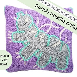 May include: Purple and grey punch needle pillow pattern of a cartoon monster. The pattern makes a 12" x 12" pillow.