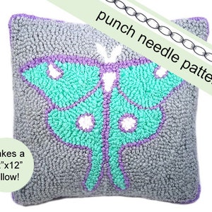 May include: A punch needle pattern for a 12" x 12" pillow featuring a green and purple butterfly design. Makes a 12" x 12" pillow.