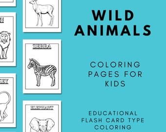 Wild Animal Coloring Pages Printable Flash Cards Worksheets for Kids Educational Learning Activity Preschool Homeschool Animal Study Pack