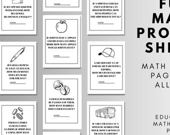 Math Word Problem Worksheets Printable Educational Learning Activity for Kids Fun Problem Solving Practice Critical Thinking Homeschool Gift