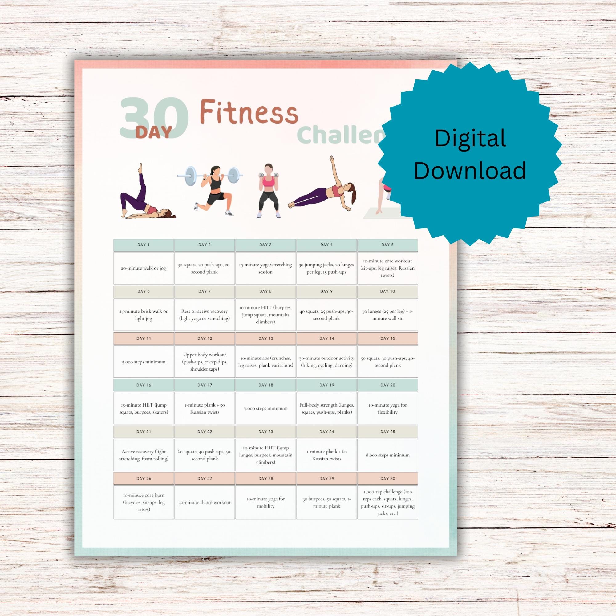 30 Day Fitness Challenge Printable Workout Tracker Gym Owner Tool ...