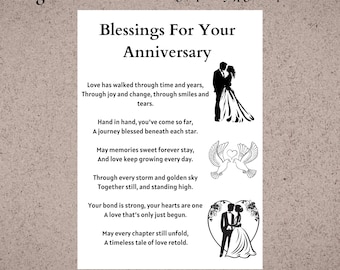 Biglietto di auguri per anniversario, stampabile, per celebrare un matrimonio, con preghiera cristiana, regalo di incoraggiamento per una coppia sposata basata sulla fede e su una pietra miliare.