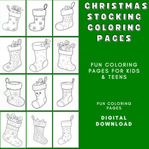 Könnte beinhalten: Schwarz-Weiß-Strichzeichnungen von Weihnachtssocken mit verschiedenen Mustern und Dekorationen. Der Text auf dem Bild lautet "CHRISTMAS STOCKING COLORING PAGES" und "FUN COLORING PAGES FOR KIDS & TEENS".