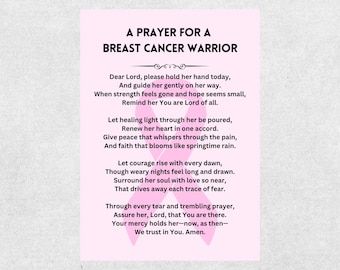 Pink Breast Cancer Prayer Card Christian Prayer Poem Digital Download Faith Based Encouragement Gift Printable Card for Women For Her