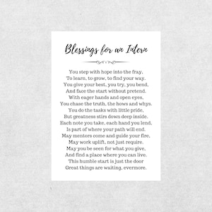 May include: A white card with the text "Blessings for an Intern" in elegant script. The card features a poem about growth, learning, and finding one's path, suitable for a new intern. The text is in black.